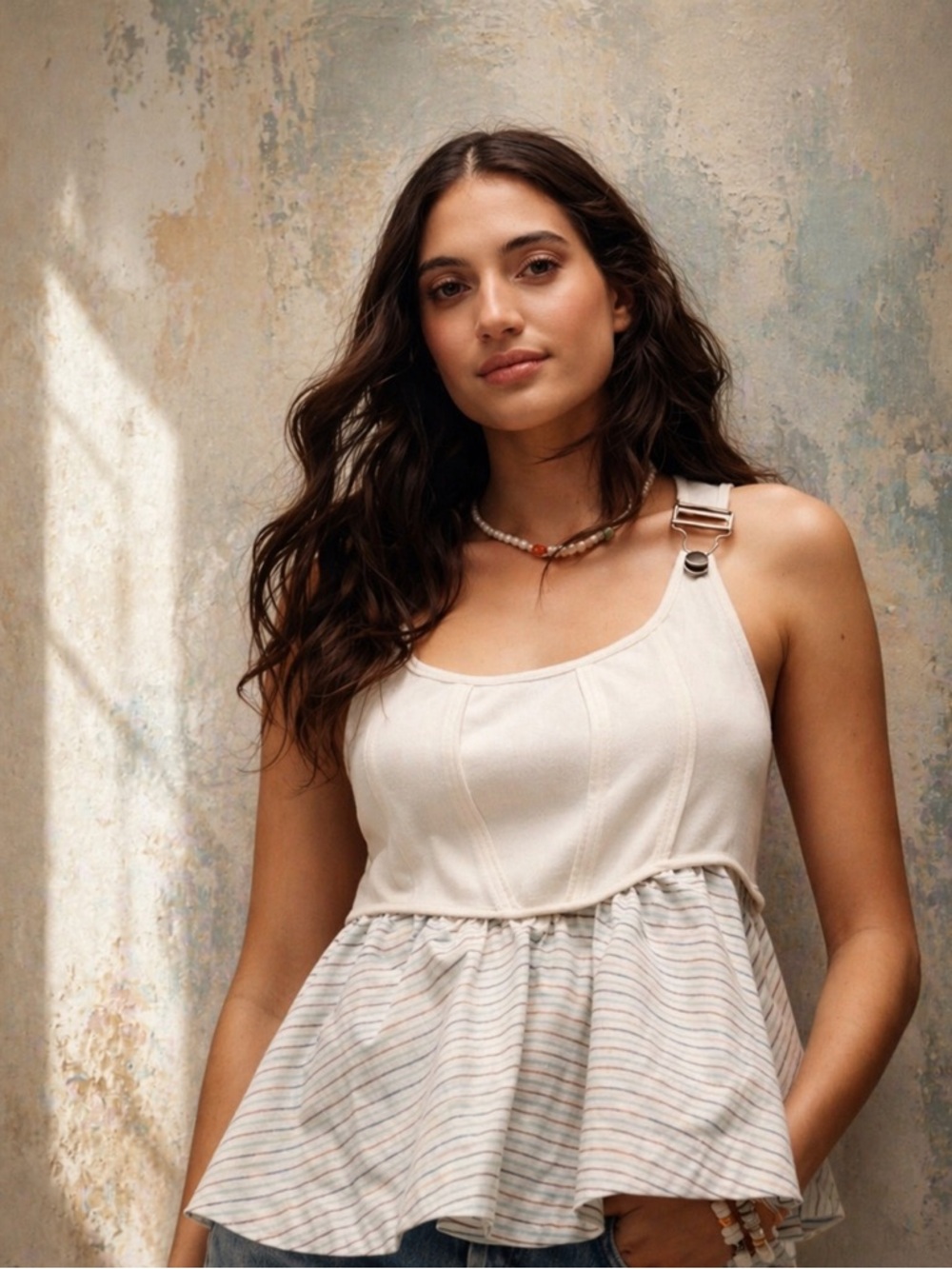 Anthro Maeve Buckle Strap Ruffle Tank Peplum Blue White NWOT Sold Out